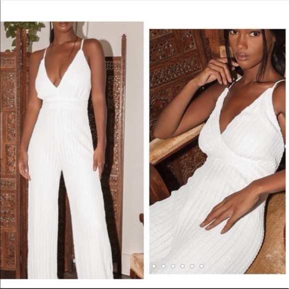 Lulus Pants - LULUS NWOT Time to Sparkle White Sequin Wide-Leg Jumpsuit Small Bachelorette